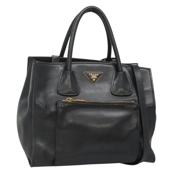 PRADA Hand Bag Leather 2way Black Gold Auth - Picture 1 of 16